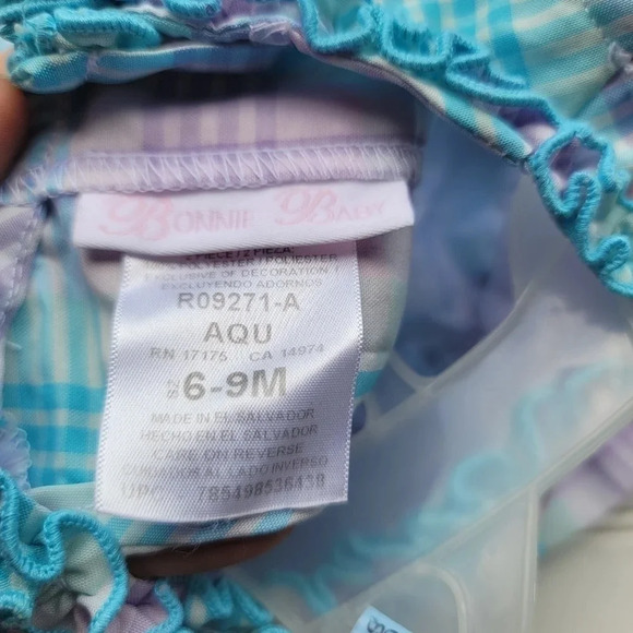 2PC BONNIE BABY WHITE TEAL LILA EMPIRE WAIST DRESS BUTTONS TIES BACK 6-9 Mos - Picture 4 of 8